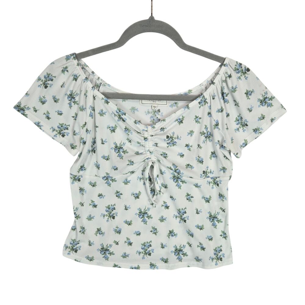 Babydoll Y2K White Blue Green Floral Crop Top L Coquette Fairy Ruched Tie Front